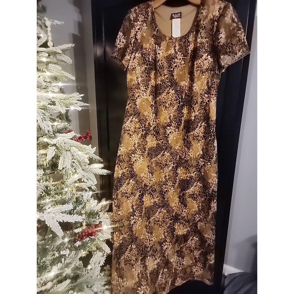 Helen Blake Dress Whimsy Iridescent‎ Animal Giraffe Cheetah Maxi Gold Safari 90s